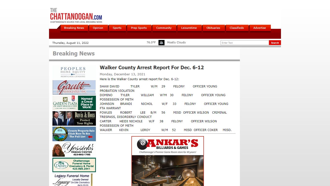 Walker County Arrest Report For Dec. 6-12 - Chattanoogan.com